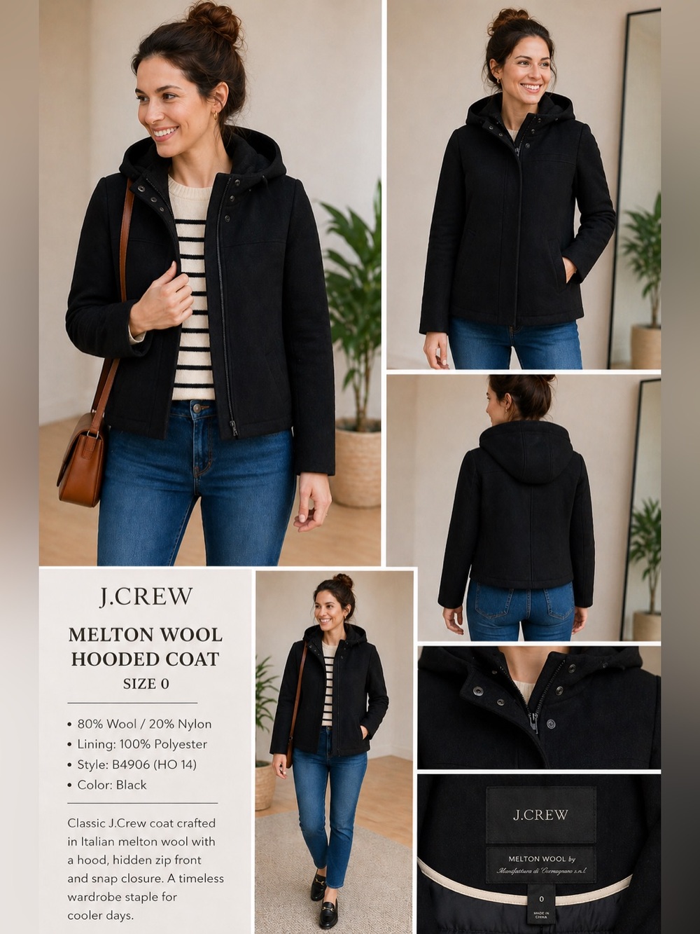 J. Crew Black Melton Wool Hooded Coat Sz 0